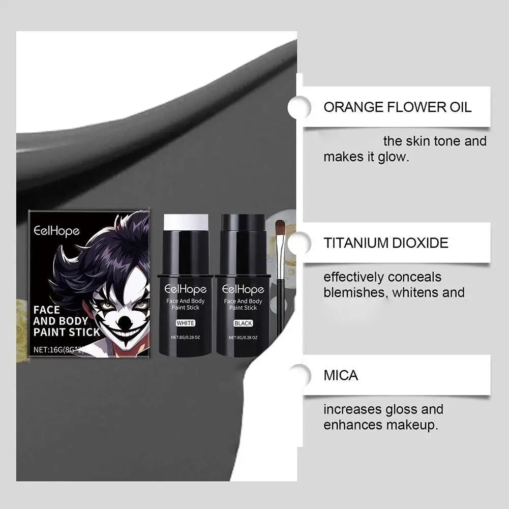 Black White Face Body Paint Kit Cover Foundation Clown Colorful Long Lasting Waterproof Halloween Festive Makeup Accessories Set